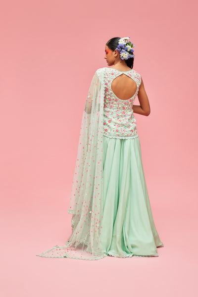 nachiket barve Nishat Bagh Embroidered Top With Izmir Tulle Dupatta And Lehenga mint festive fusion Indian designer wear online shopping melange singapore