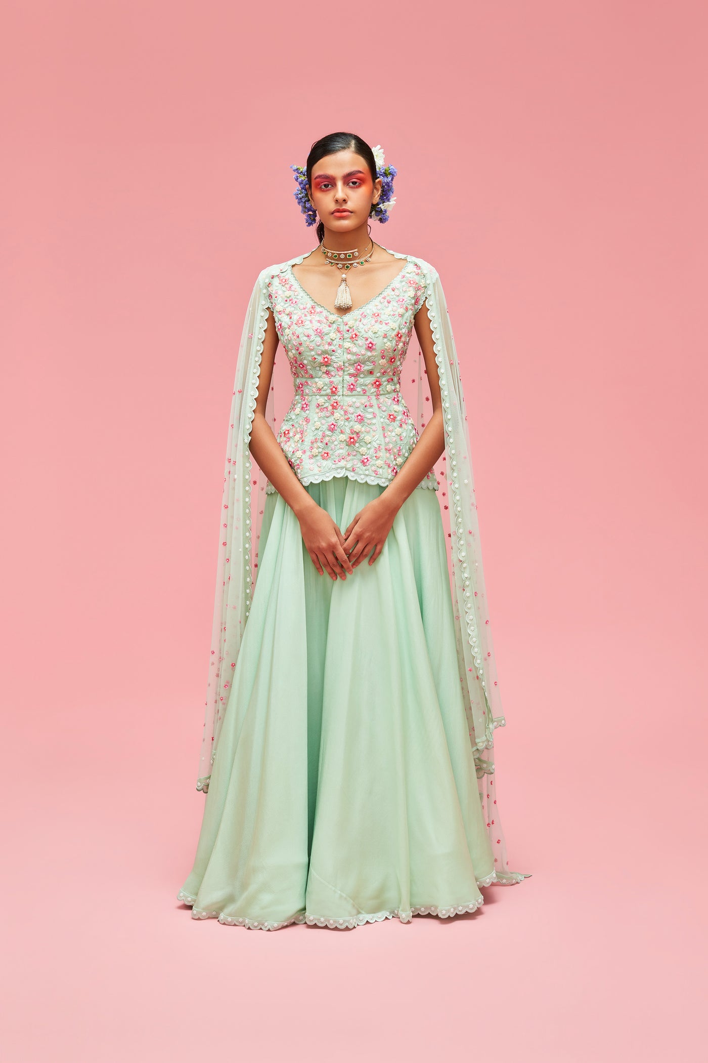 nachiket barve Nishat Bagh Embroidered Top With Izmir Tulle Dupatta And Lehenga mint festive fusion Indian designer wear online shopping melange singapore