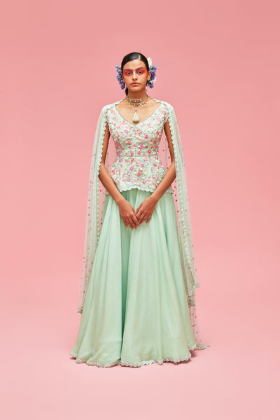 nachiket barve Nishat Bagh Embroidered Top With Izmir Tulle Dupatta And Lehenga mint festive fusion Indian designer wear online shopping melange singapore