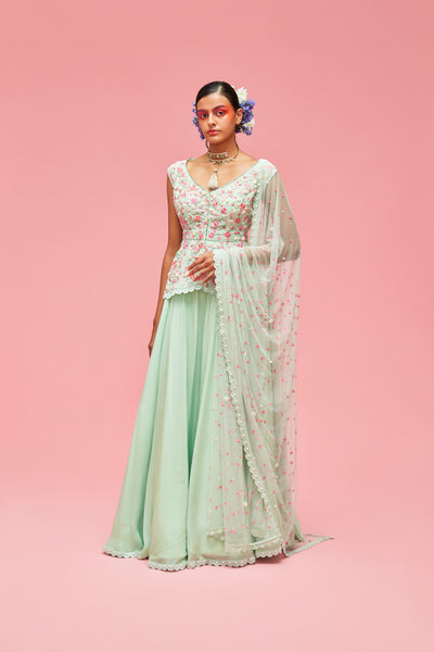 nachiket barve Nishat Bagh Embroidered Top With Izmir Tulle Dupatta And Lehenga mint festive fusion Indian designer wear online shopping melange singapore