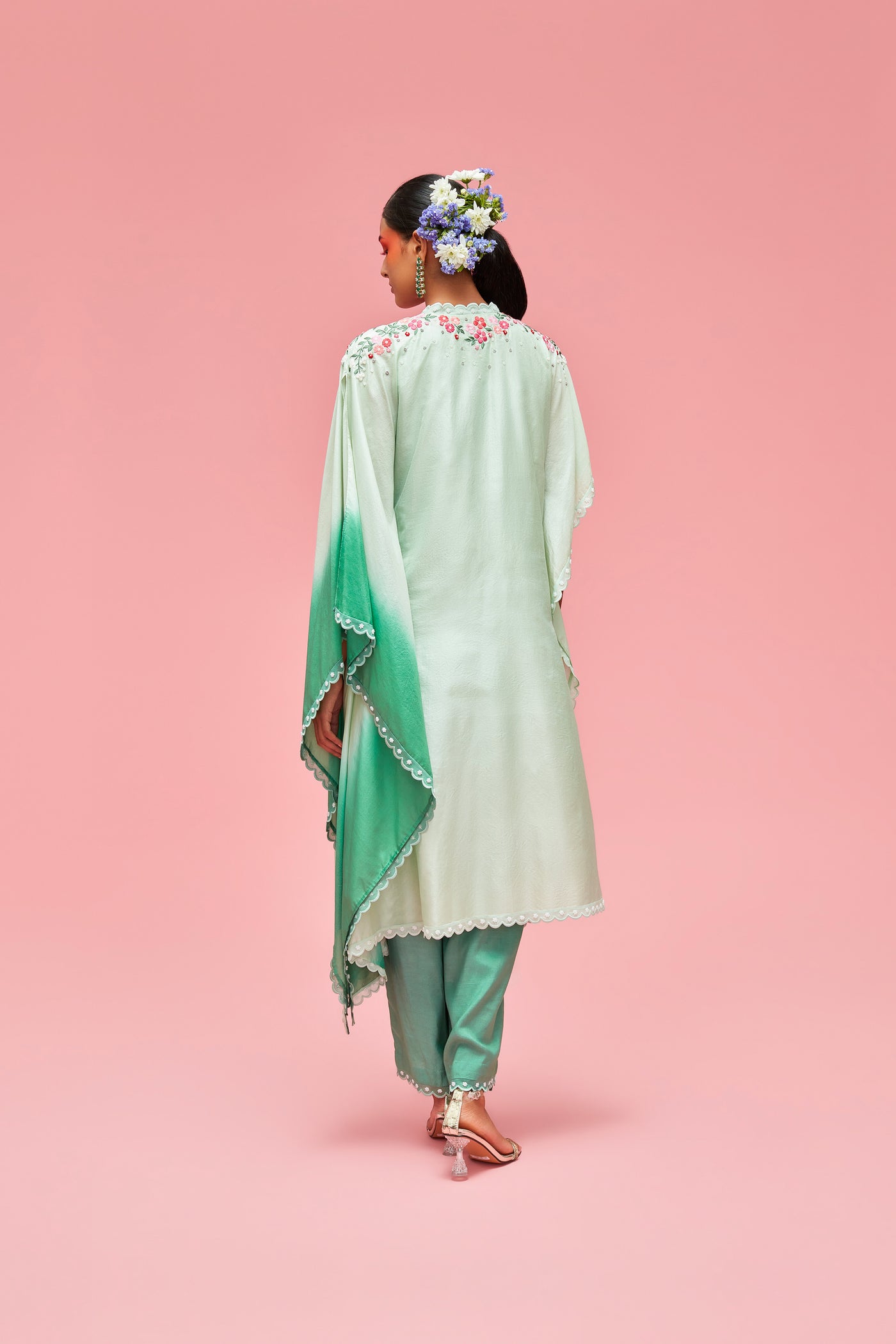 nachiket barve Nishat Bagh Embroidered Ombré Kaftan With Slip And Scallop Edged Palazzos mint jade festive fusion Indian designer wear online shopping melange singapore