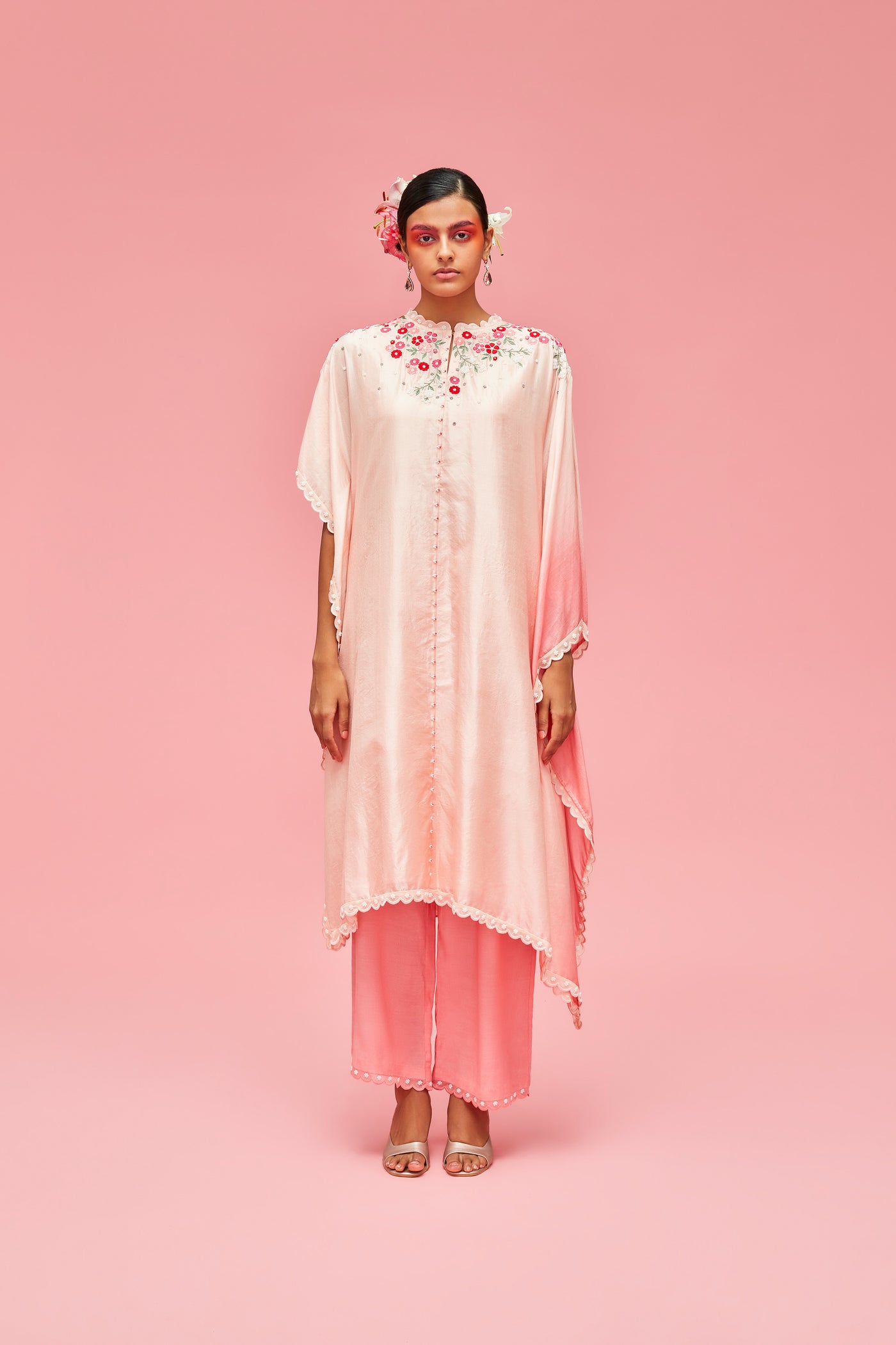 nachiket barve Nishat Bagh Embroidered Ombré Kaftan With Slip And Scallop Edged Palazzos Peach gelato festive fusion Indian designer wear online shopping melange singapore