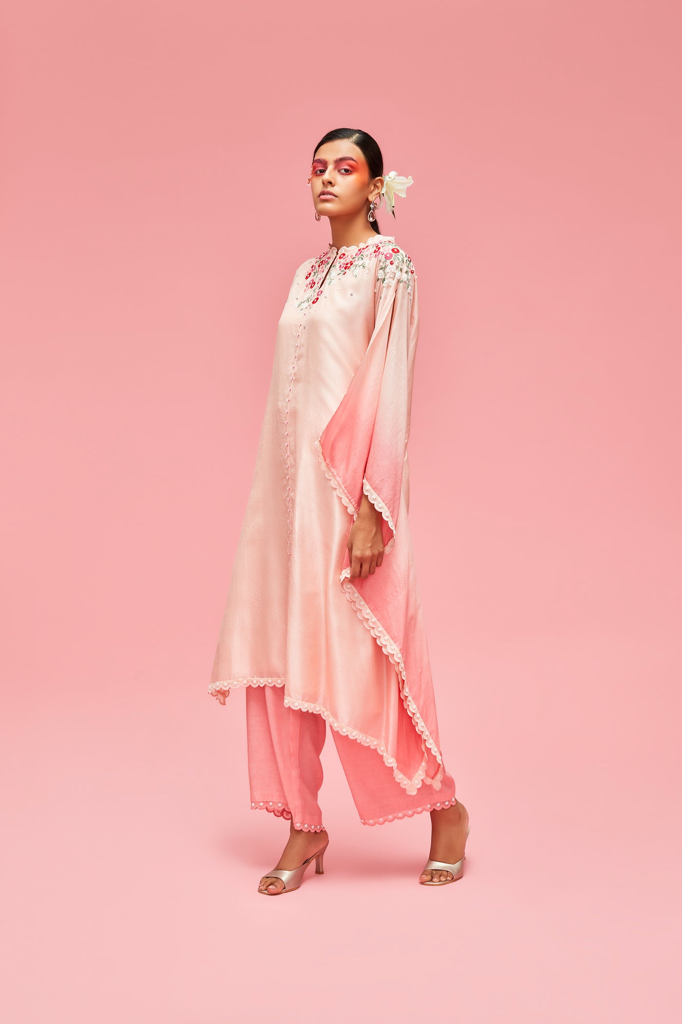 nachiket barve Nishat Bagh Embroidered Ombré Kaftan With Slip And Scallop Edged Palazzos Peach gelato festive fusion Indian designer wear online shopping melange singapore