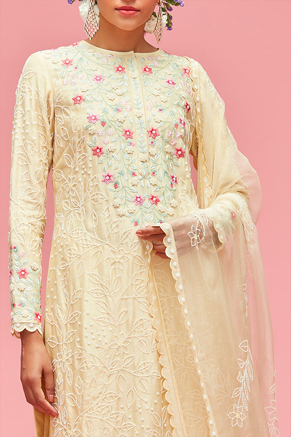 nachiket barve Nishat Bagh Embroidered Pearl Jaal Straight Cut Kurta With Gharara And Dupatta butter yellow festive fusion Indian designer wear online shopping melange singapore