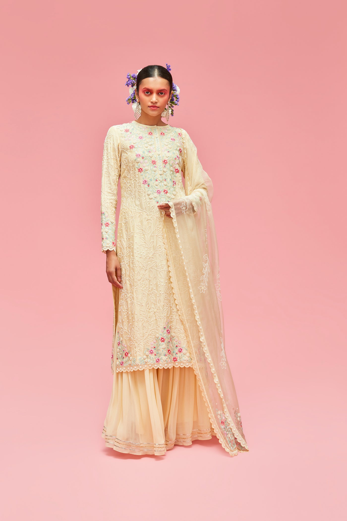 nachiket barve Nishat Bagh Embroidered Pearl Jaal Straight Cut Kurta With Gharara And Dupatta butter yellow festive fusion Indian designer wear online shopping melange singapore