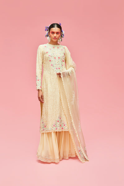 nachiket barve Nishat Bagh Embroidered Pearl Jaal Straight Cut Kurta With Gharara And Dupatta butter yellow festive fusion Indian designer wear online shopping melange singapore