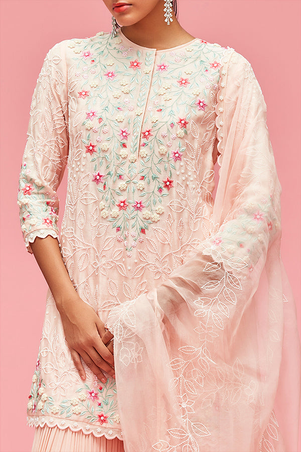 nachiket barve Nishat Bagh Embroidered Pearl Jaal Straight Cut Short Kurta With Gharara And Dupatta peach festive fusion Indian designer wear online shopping melange singapore