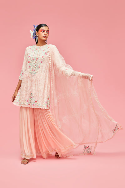 nachiket barve Nishat Bagh Embroidered Pearl Jaal Straight Cut Short Kurta With Gharara And Dupatta peach festive fusion Indian designer wear online shopping melange singapore