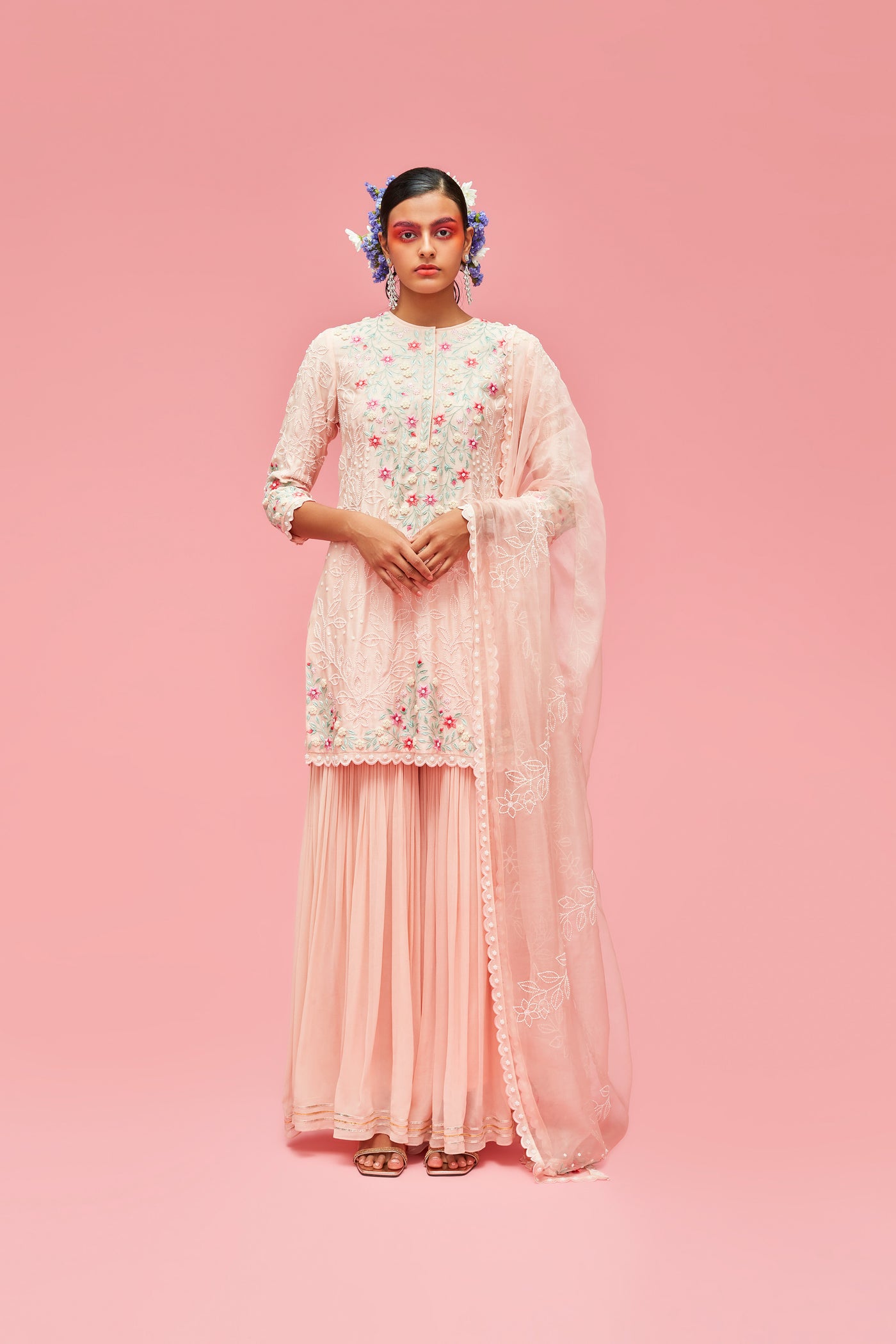 nachiket barve Nishat Bagh Embroidered Pearl Jaal Straight Cut Short Kurta With Gharara And Dupatta peach festive fusion Indian designer wear online shopping melange singapore