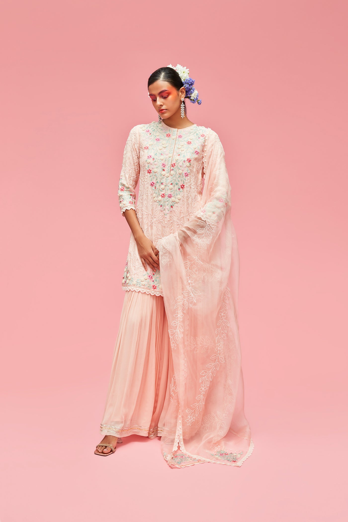 nachiket barve Nishat Bagh Embroidered Pearl Jaal Straight Cut Short Kurta With Gharara And Dupatta peach festive fusion Indian designer wear online shopping melange singapore