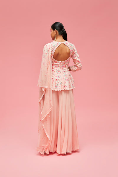 nachiket barve Nishat Bagh Embroidered Top With Sharara And Izmir Tulle Dupatta peach festive fusion Indian designer wear online shopping melange singapore