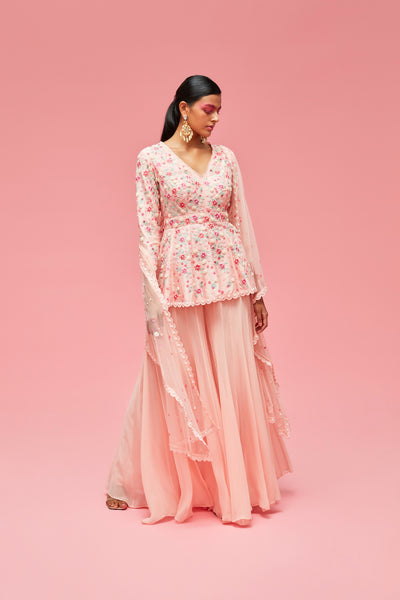 nachiket barve Nishat Bagh Embroidered Top With Sharara And Izmir Tulle Dupatta peach festive fusion Indian designer wear online shopping melange singapore