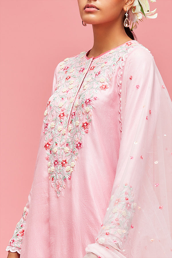 nachiket barve Nishat Bagh Trapezium Scallop Edged Silk Kurta With Scallop Edged Palazzos And Izmir Embroidered Tulle Dupatta baby pink festive fusion Indian designer wear online shopping melange singapore