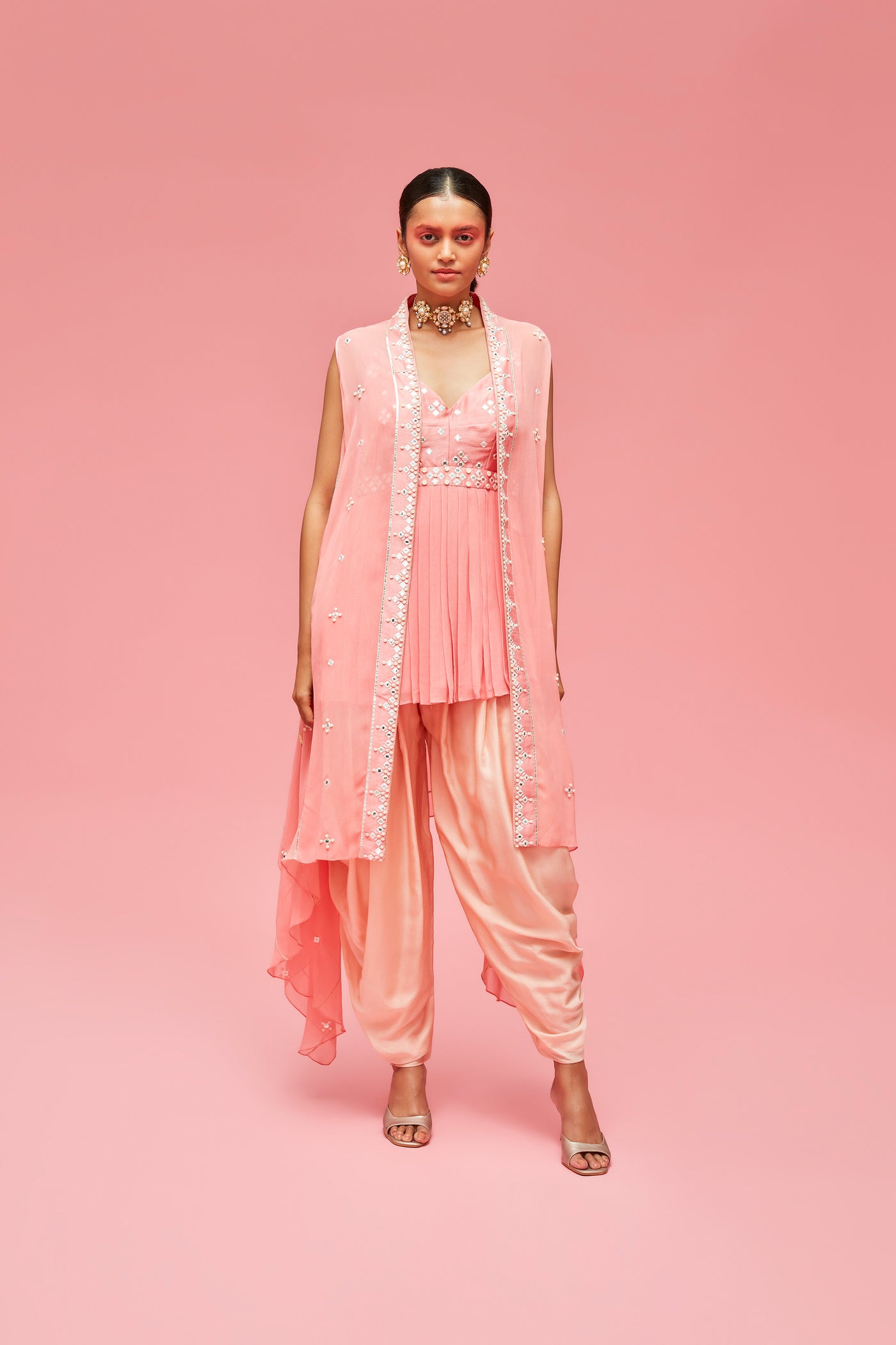 nachiket barve  festive fusion Indian designer wear online shopping melange singapore Bhuj Kutchi Mirrorwork Gota Applique Cape And Dhoti Set peach gelato