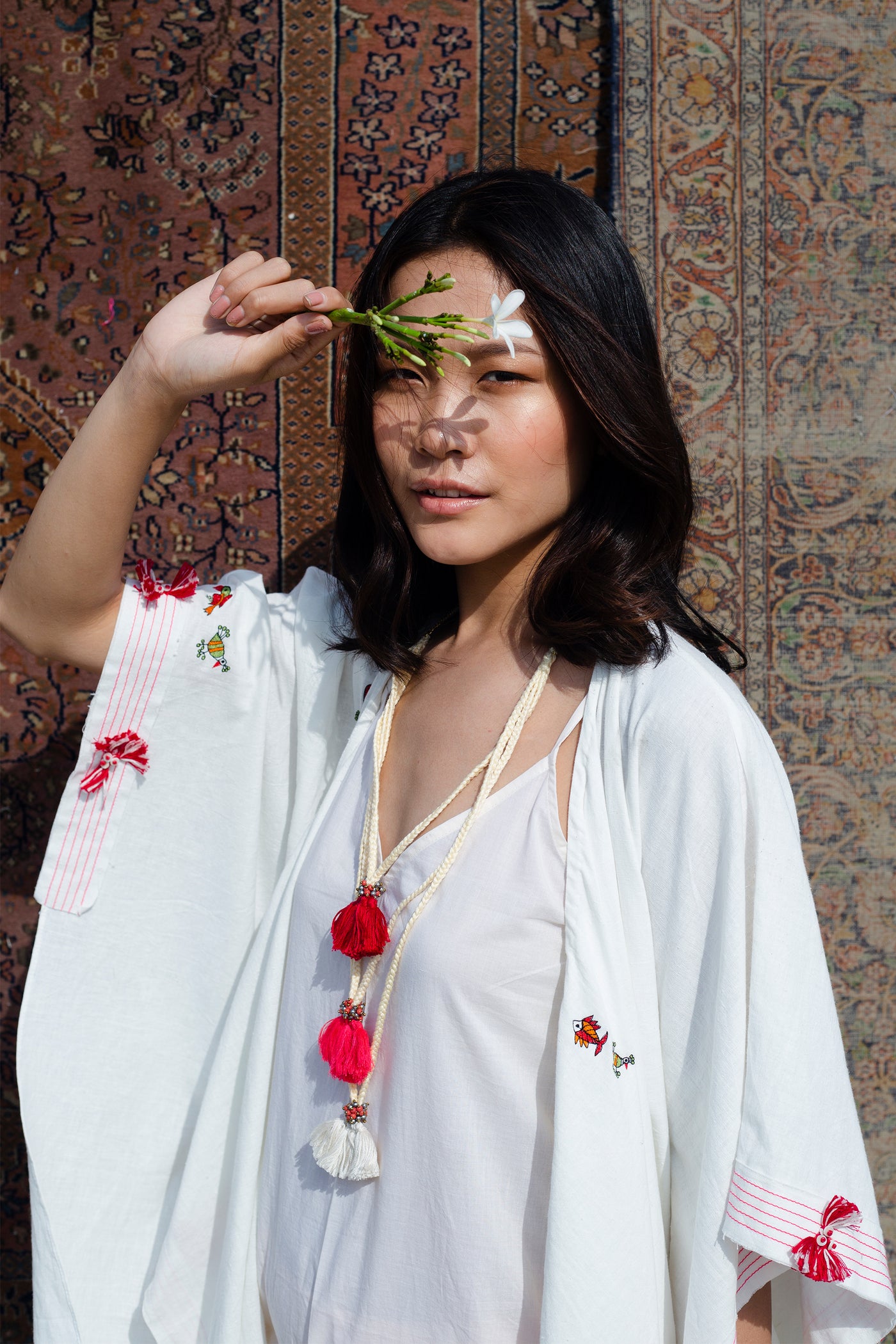 Nika Nikasha Hand Woven Cotton Embroidered Kimono white Indian Designer wear Melange Singapore Online Shopping sustainable fashion clothing