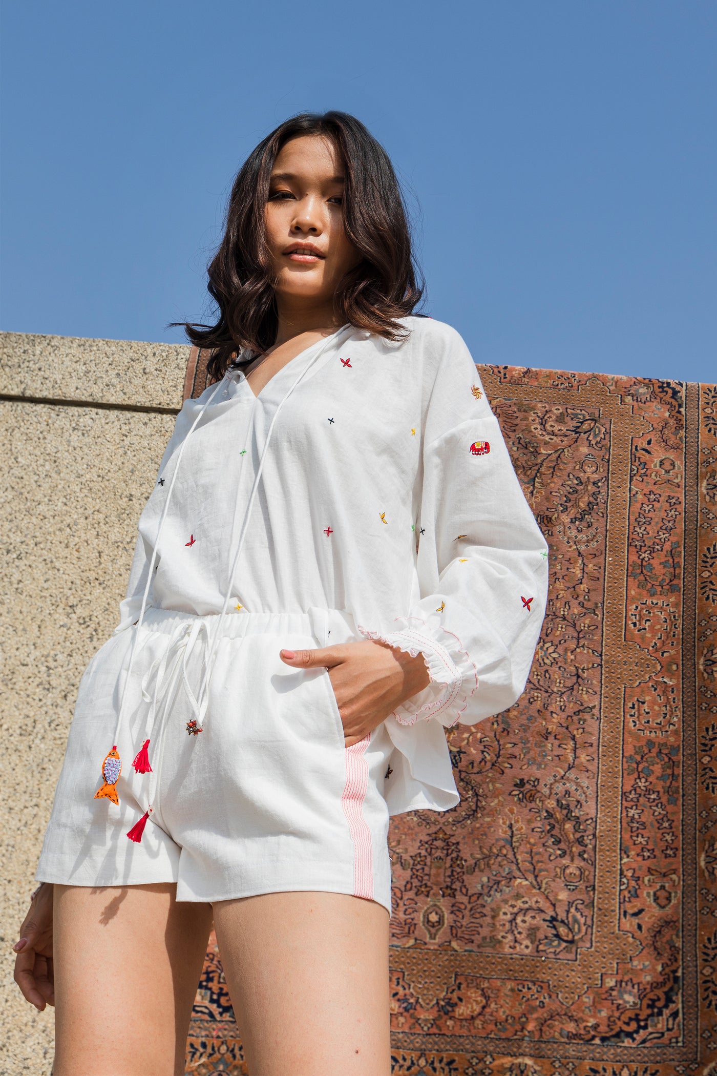 Nika Nikasha Hand woven embroidered cotton shorts white Indian Designer wear Melange Singapore Online Shopping sustainable clothing
