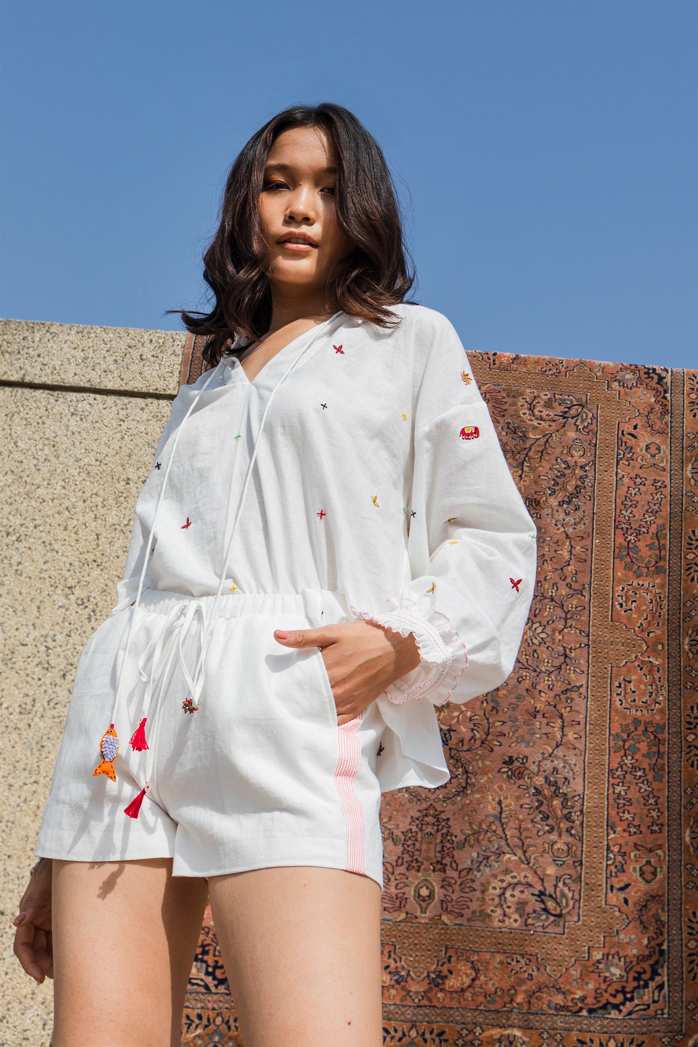 Nika Nikasha Hand woven embroidered top white Indian Designer wear Melange Singapore Online Shopping Sustainable fashion clothing