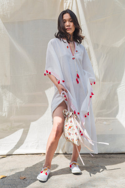 Nika Nikasha Hand woven embroidered kaftan dress white Indian Designer wear Melange Singapore Online Shopping Sustainable fashion clothing