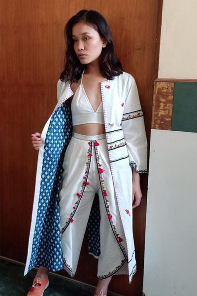 Nika Nikasha Hand woven embroidered jacket white Indian Designer wear Melange Singapore Online Shopping sustainable fashion clothing