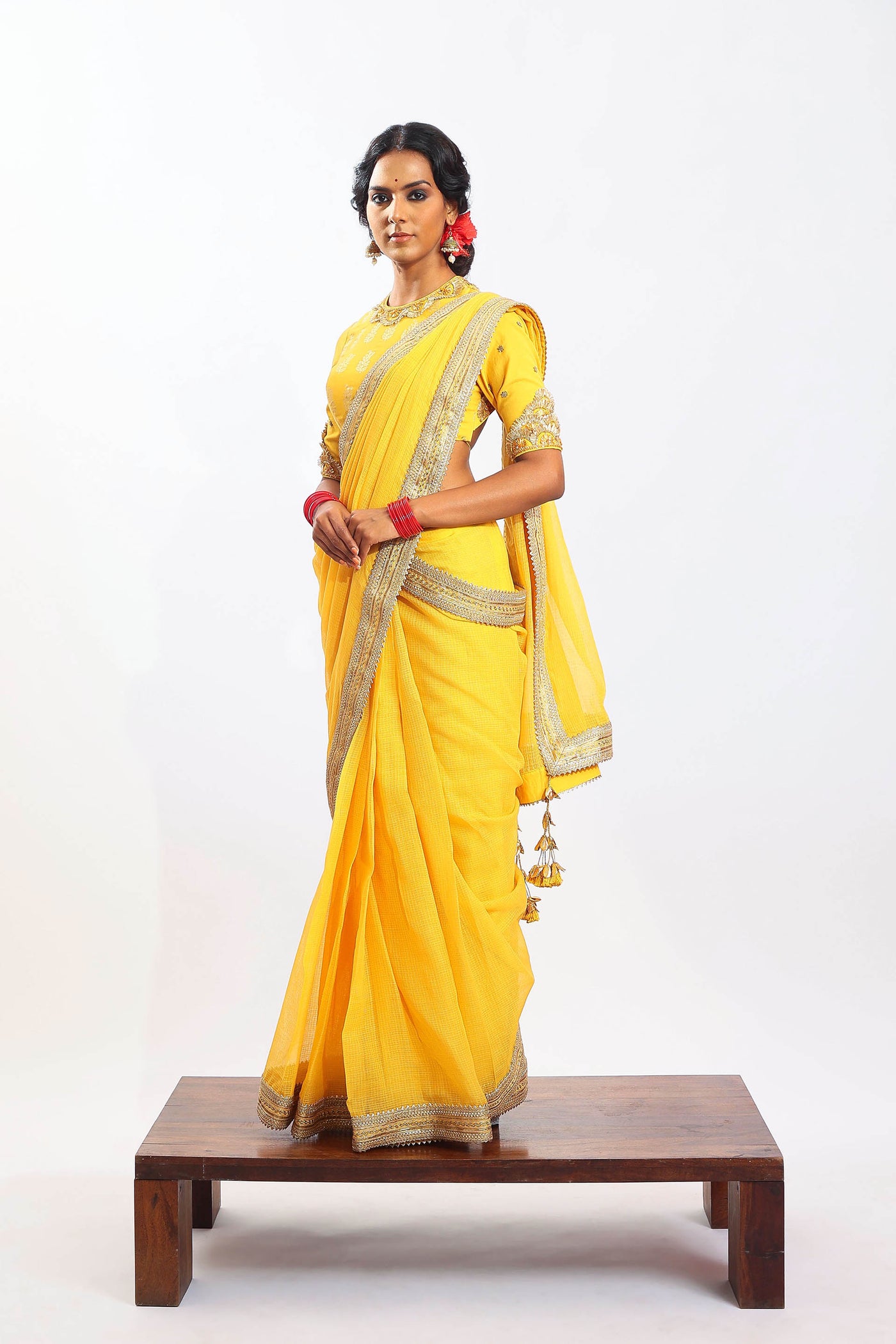 Nikasha Pitambari Yellow Handwoven Banarasi Kota Doria Saree festive Indian designer wear online shopping melange singapore