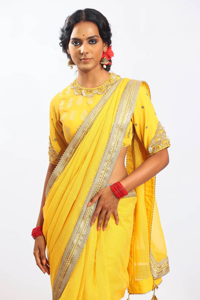Nikasha Pitambari Yellow Handwoven Banarasi Kota Doria Saree festive Indian designer wear online shopping melange singapore