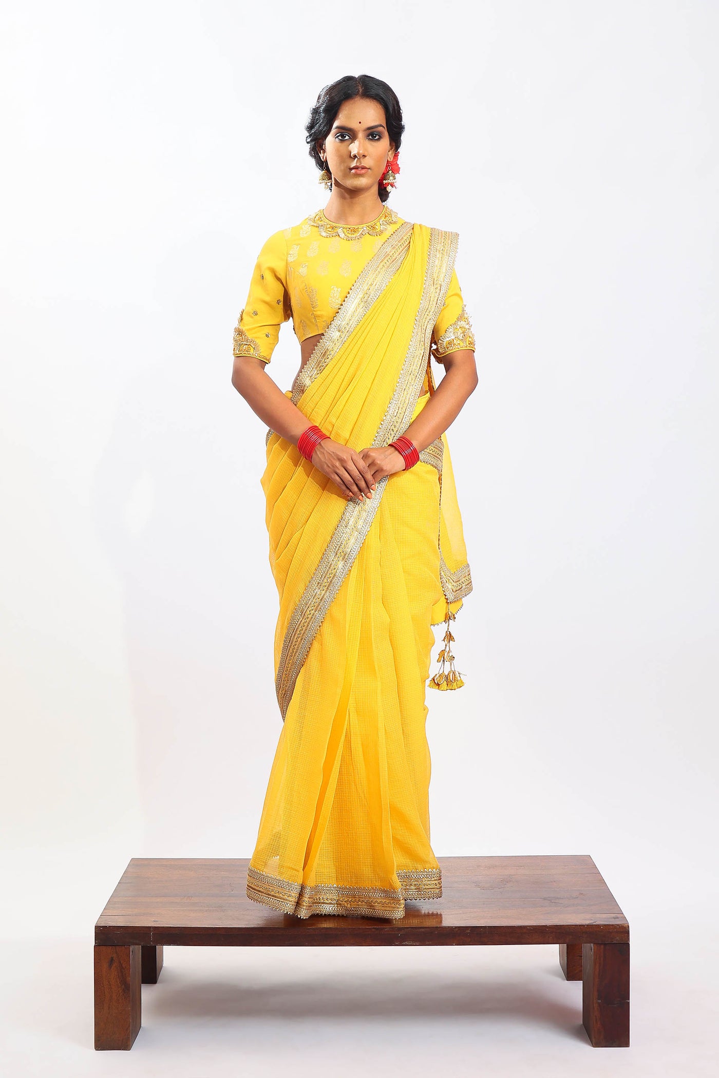 Nikasha Pitambari Yellow Handwoven Banarasi Kota Doria Saree festive Indian designer wear online shopping melange singapore