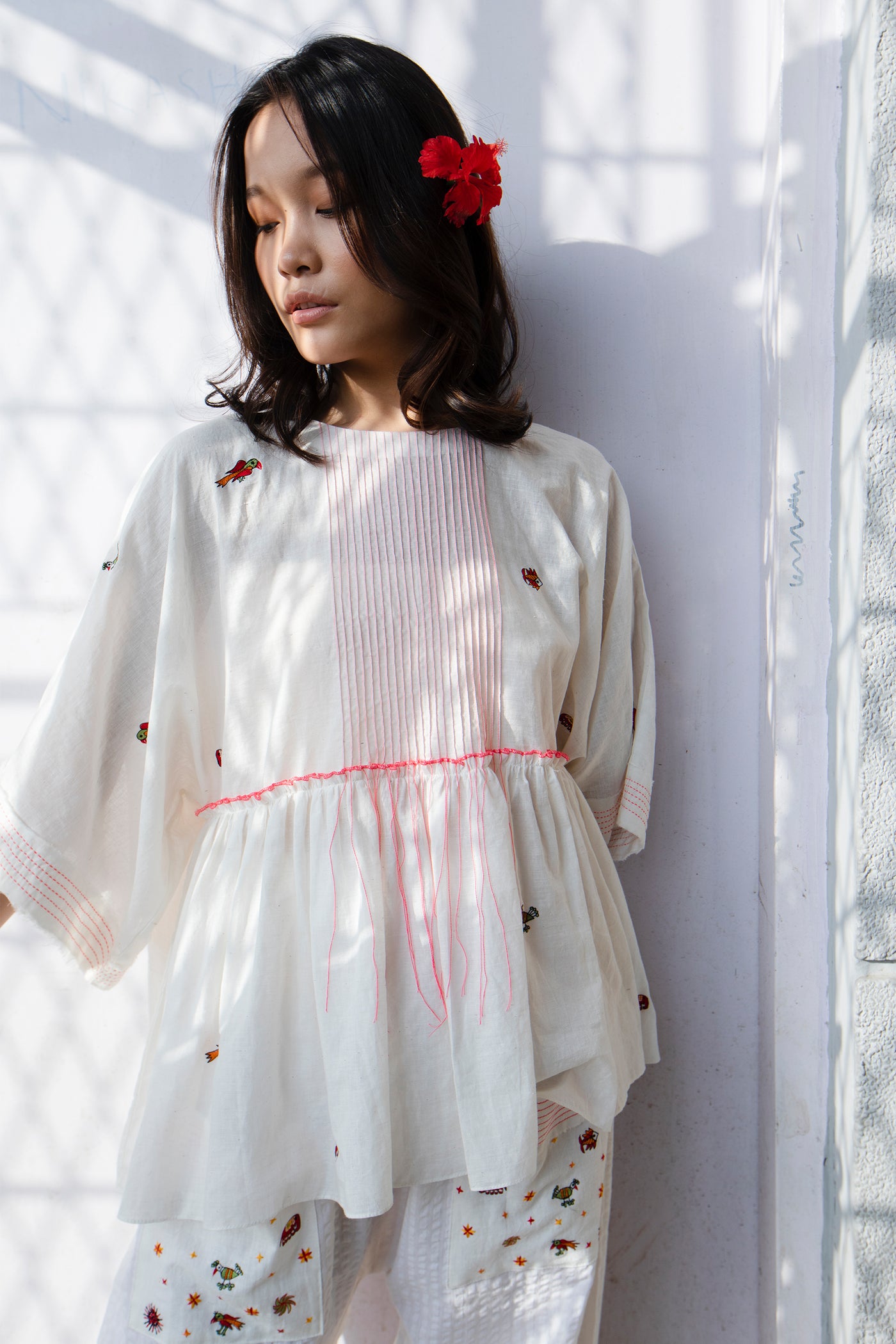 Nika Nikasha Hand woven embroidered kaftan sleeve top white Indian Designer wear Melange Singapore Online Shopping sustainable fashion clothing