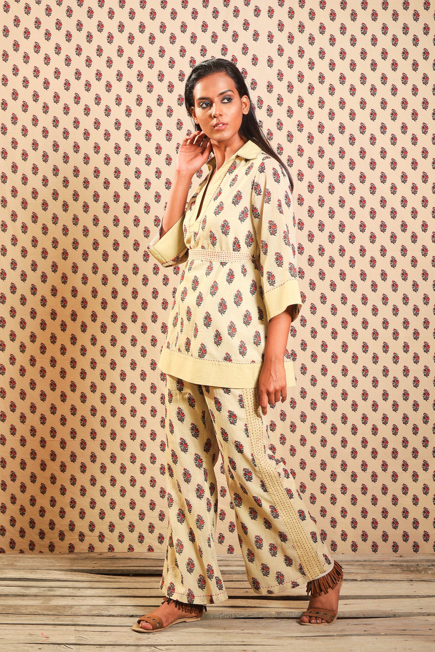 Nikasha Beige Cotton Mulmul Cord Set In Gulab Guldasta Print festive Indian designer wear online shopping melange singapore