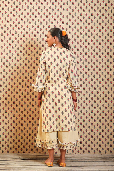 Nikasha Beige Soft Cotton Kurta Set In Gulab Guldasta Print festive Indian designer wear online shopping melange singapore