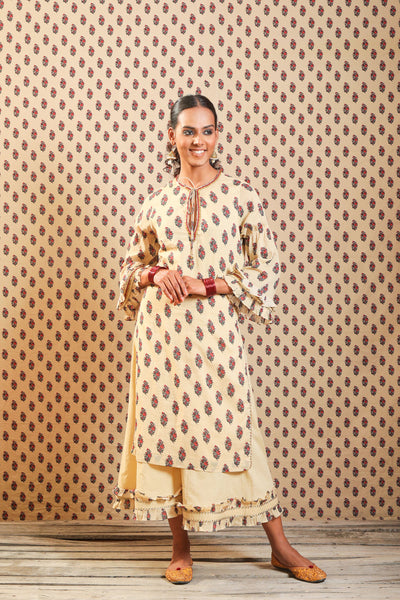 Nikasha Beige Soft Cotton Kurta Set In Gulab Guldasta Print festive Indian designer wear online shopping melange singapore