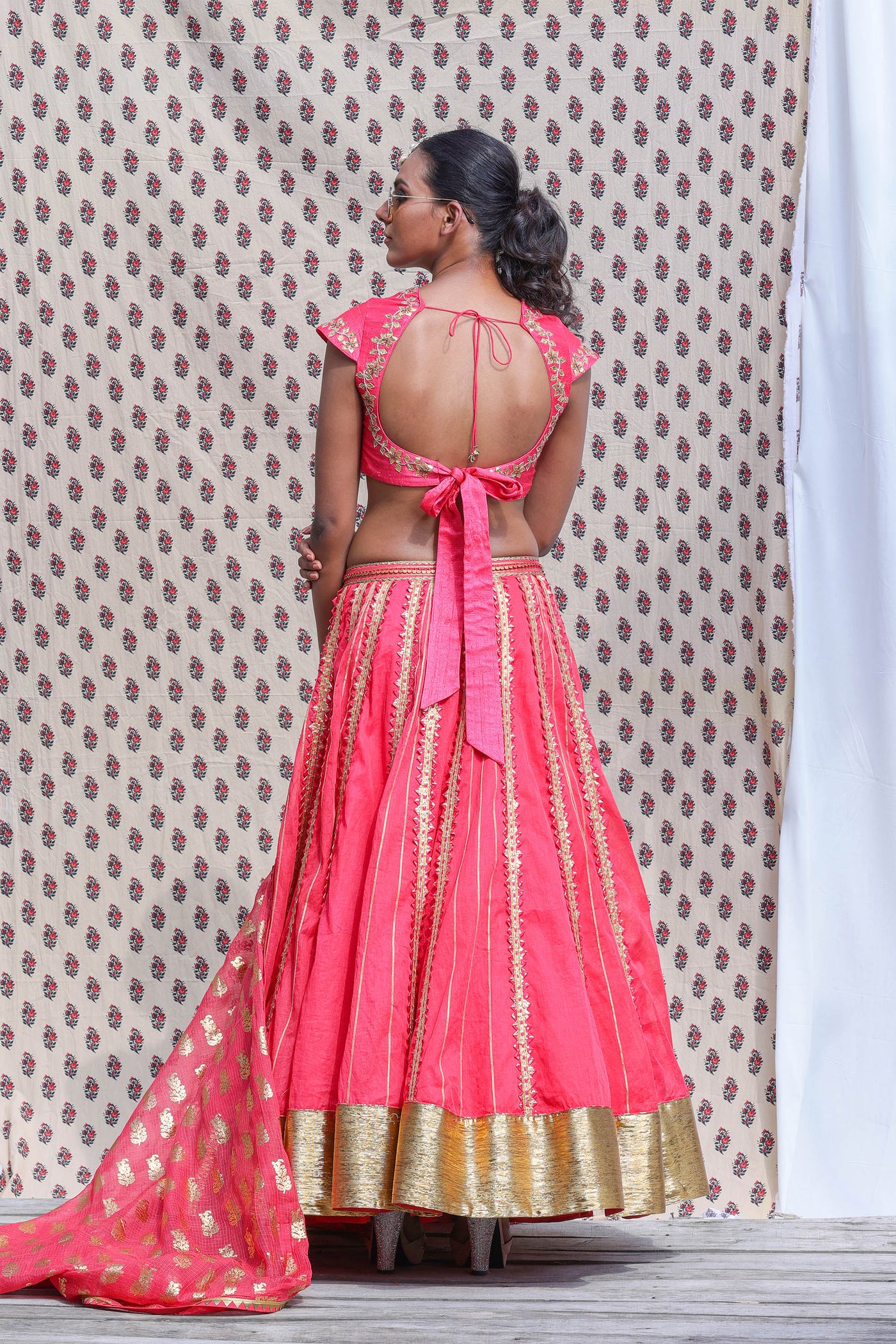 Nikasha Coral Red Cotton Silk Blouse With Organdi Lehenga And Dupatta festive Indian designer wear online shopping melange singapore