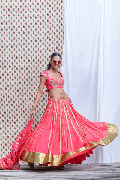 Nikasha Coral Red Cotton Silk Blouse With Organdi Lehenga And Dupatta festive Indian designer wear online shopping melange singapore