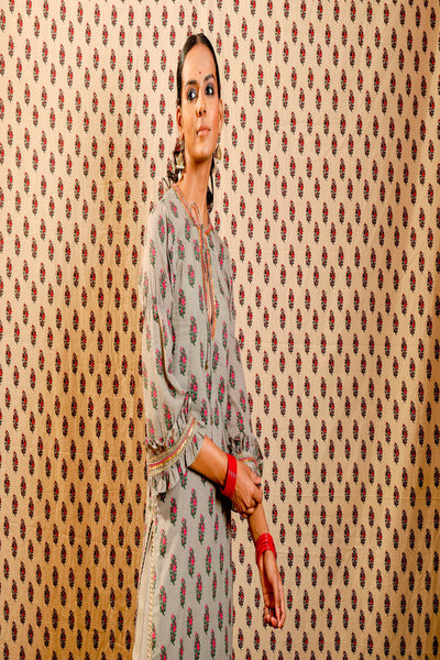 Nikasha Grey Soft Cotton Kurta Set In Gulab Guldasta Print festive Indian designer wear online shopping melange singapore