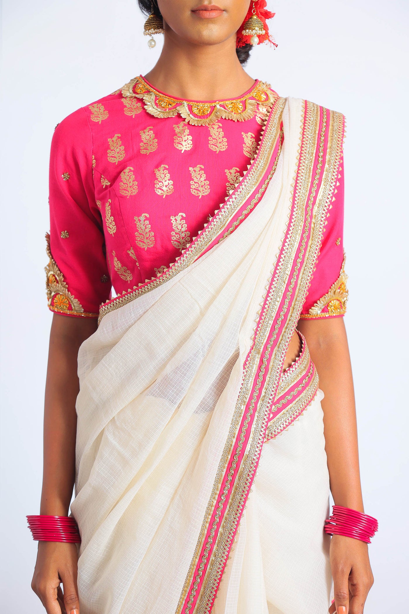 Nikasha Handwoven Banarasi Kota Doria Saree Ivory And Fuscia Pink Festive Indian Designer Wear Online Shopping Melange Singapore