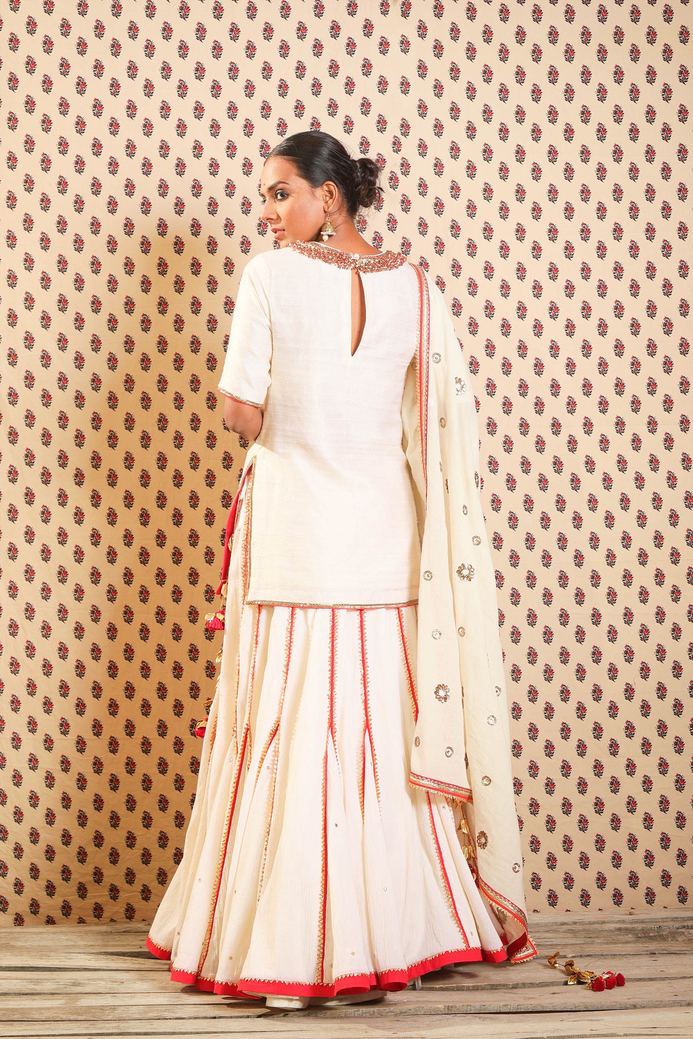Nikasha Ivory raw silk kurta with jamdani godet lehenga and dupatta festive Indian designer wear online shopping melange singapore