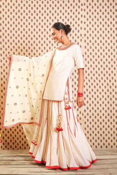 Nikasha Ivory raw silk kurta with jamdani godet lehenga and dupatta festive Indian designer wear online shopping melange singapore