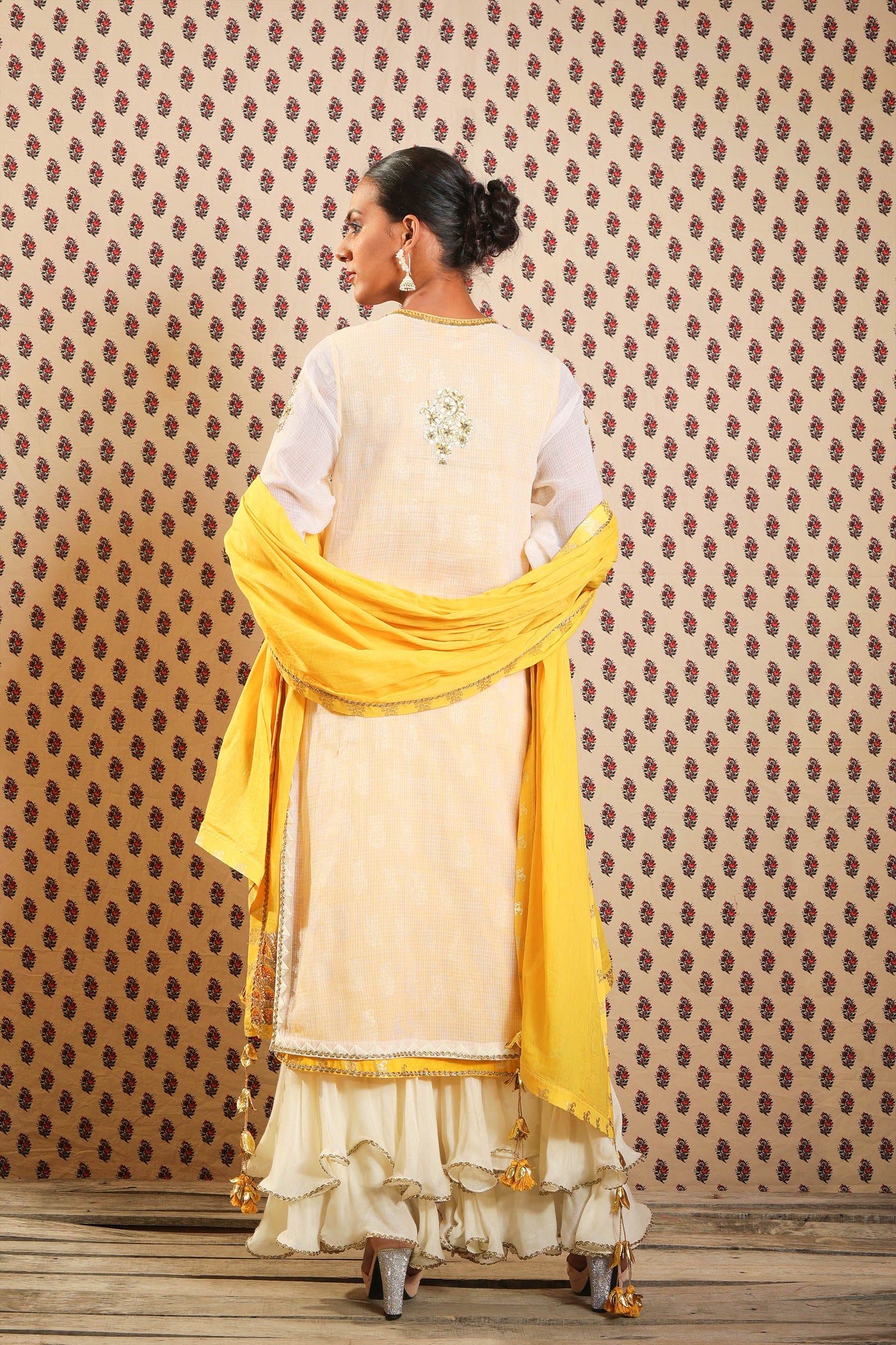 Nikasha Ivory And Yellow Hand Woven Kota Doria Kurta Set With Sharara And Dupatta festive Indian designer wear online shopping melange singapore