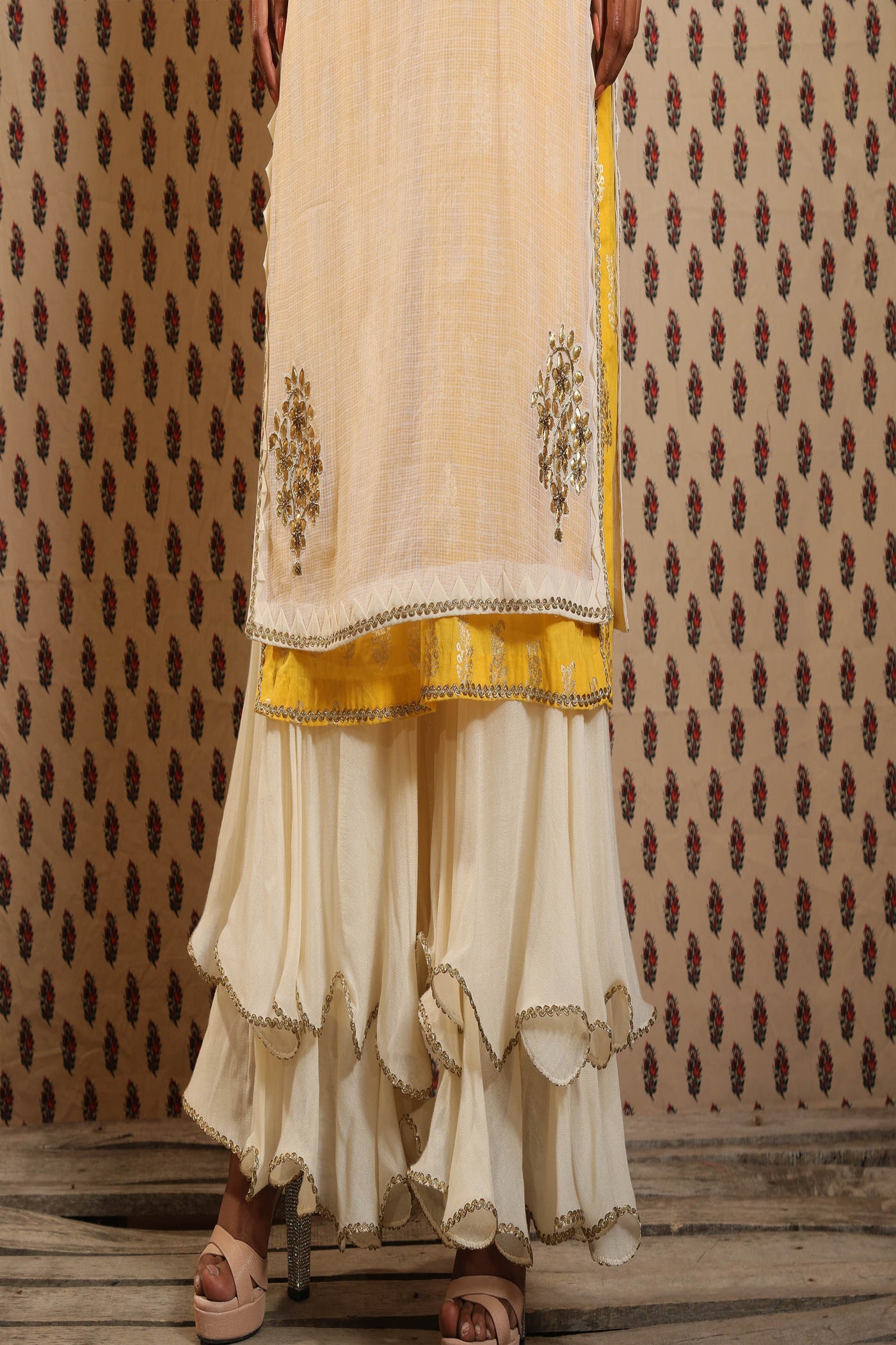 Nikasha Ivory And Yellow Hand Woven Kota Doria Kurta Set With Sharara And Dupatta festive Indian designer wear online shopping melange singapore