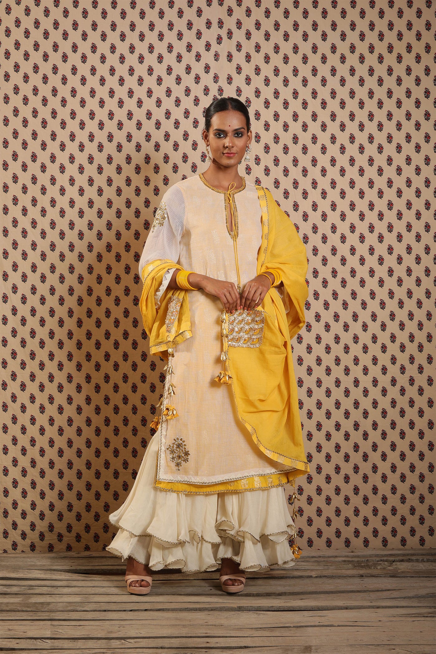 Nikasha Ivory And Yellow Hand Woven Kota Doria Kurta Set With Sharara And Dupatta festive Indian designer wear online shopping melange singapore
