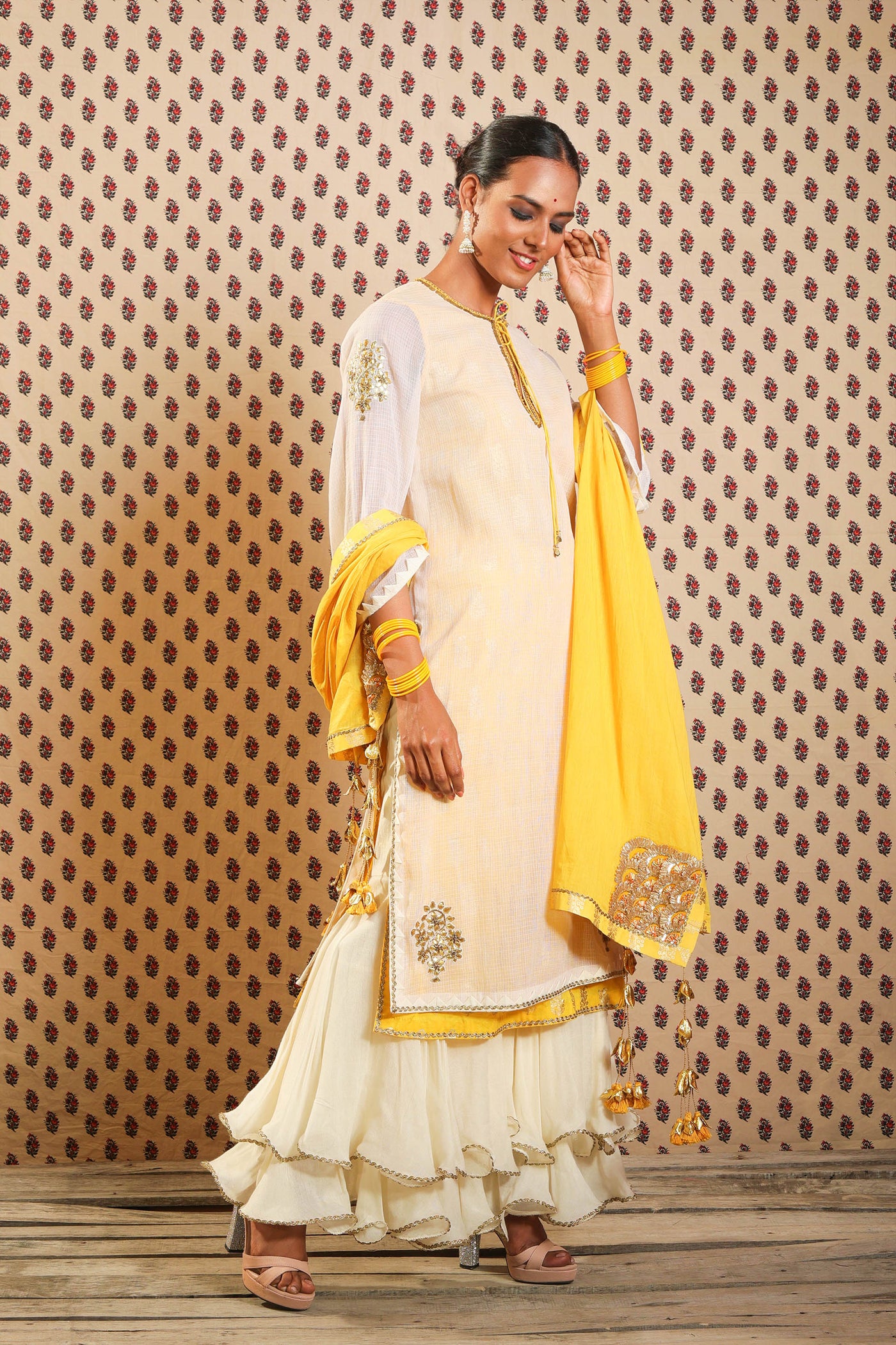 Nikasha Ivory And Yellow Hand Woven Kota Doria Kurta Set With Sharara And Dupatta festive Indian designer wear online shopping melange singapore