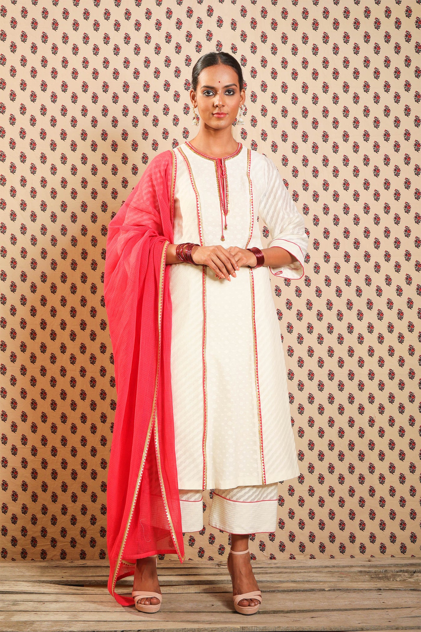 Nikasha Ivory Hand Woven Chanderi Kurta With Pants And Dupatta festive Indian designer wear online shopping melange singapore