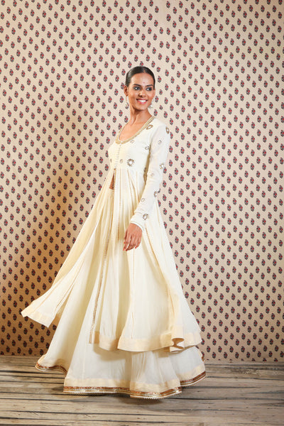 Nikasha Ivory Hand Woven Jamdani Cotton Kalidar Set With Skirt And Dupatta festive Indian designer wear online shopping melange singapore