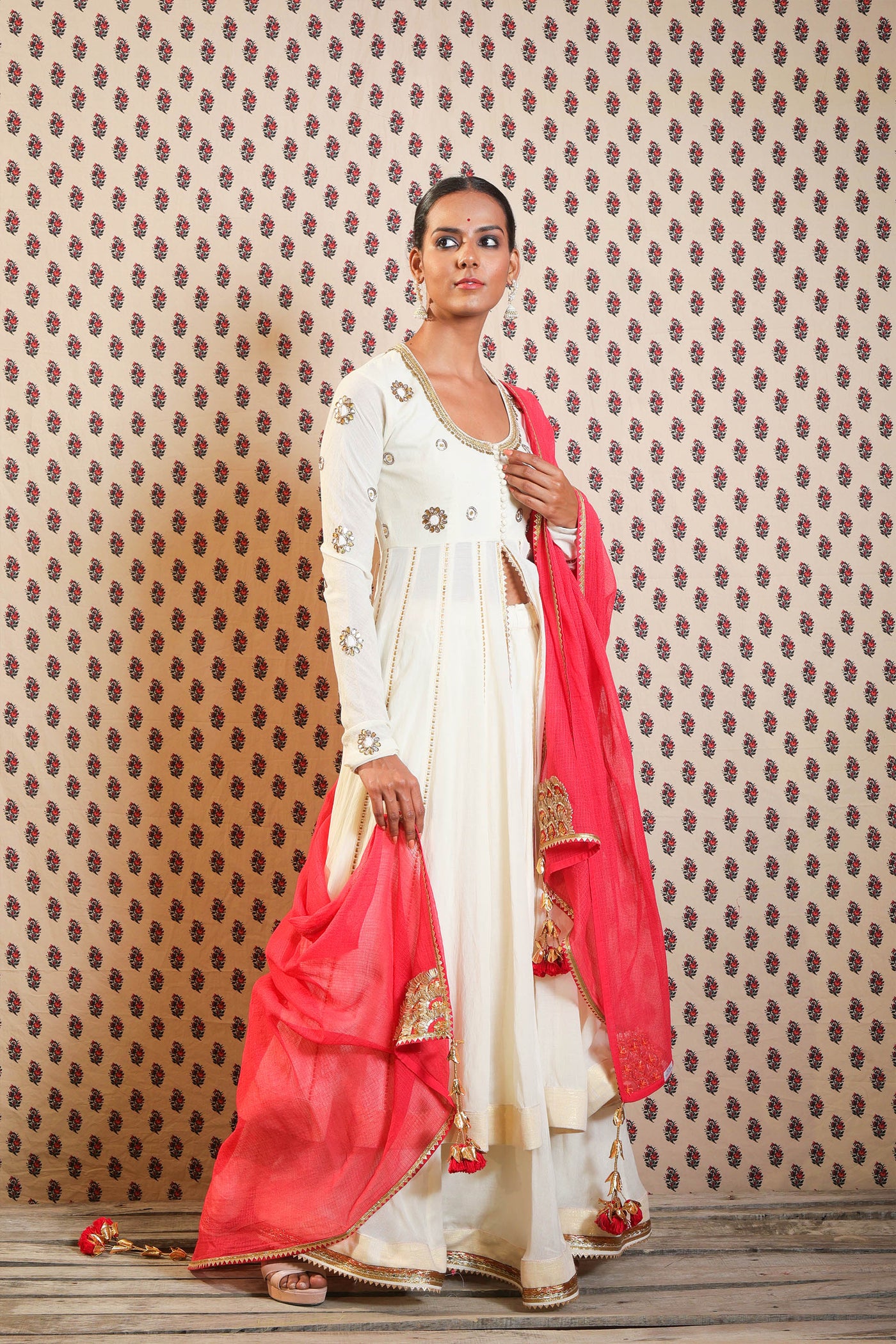 Nikasha Ivory Hand Woven Jamdani Cotton Kalidar Set With Skirt And Red Dupatta festive Indian designer wear online shopping melange singapore