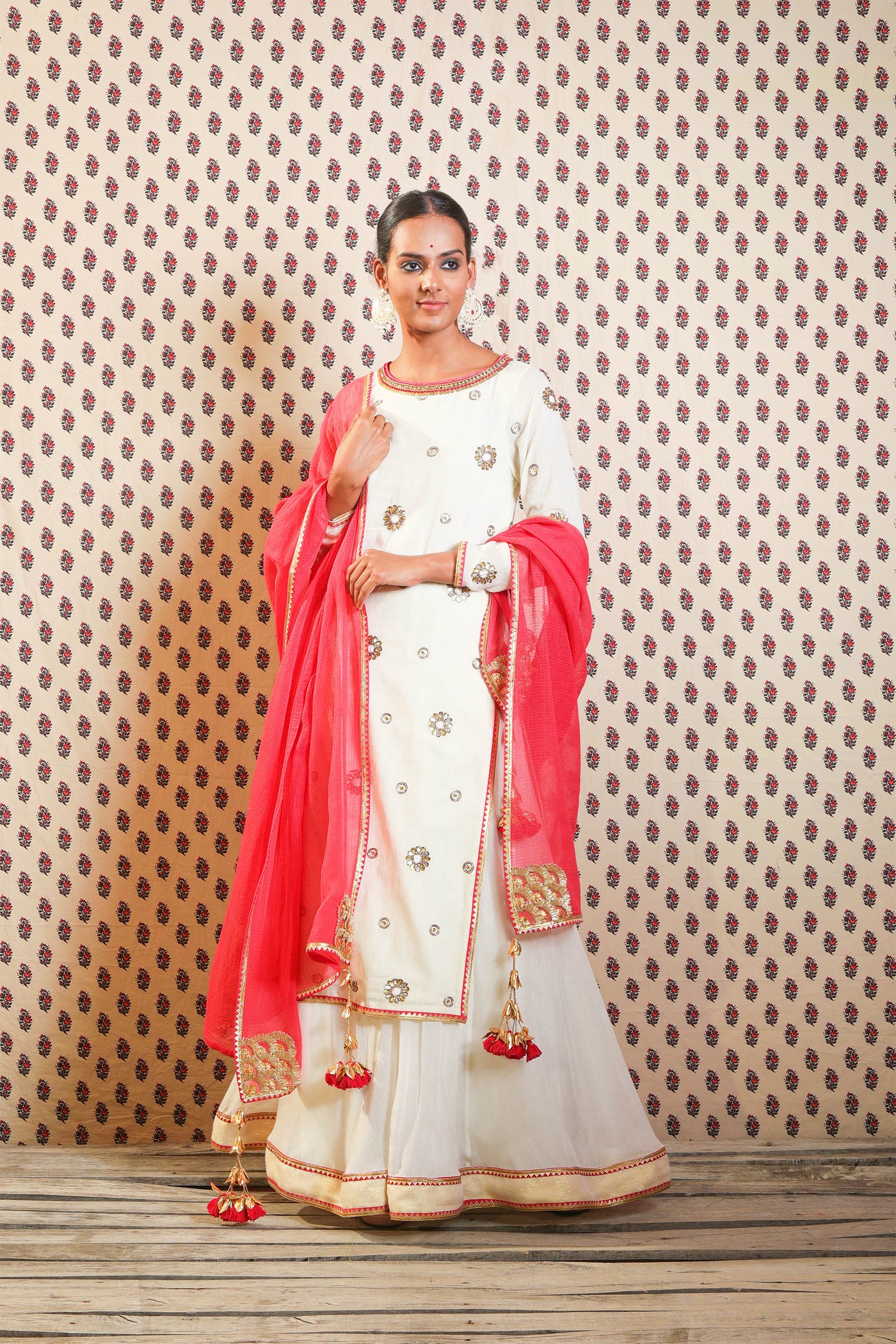 Nikasha  Ivory Hand Woven Jamdani Cotton Kurta Set With Skirt And Red Dupatta festive Indian designer wear online shopping melange singapore
