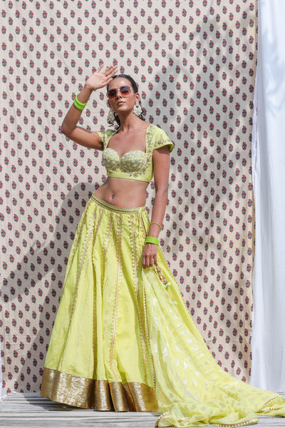 Nikasha Coral Lime Green Cotton Silk Embroidered Blouse With Organdi Lehenga And Dupatta festive Indian designer wear online shopping melange singapore
