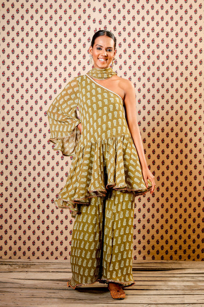 Nikasha Mehendi Green Off Shoulder Swirly Tunic Top with Pants festive Indian designer wear online shopping melange singapore