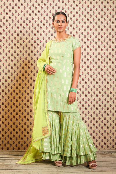 Nikasha Pista Green Angrakha With Pants And Lime Kota Doria Dupatta festive Indian designer wear online shopping melange singapore