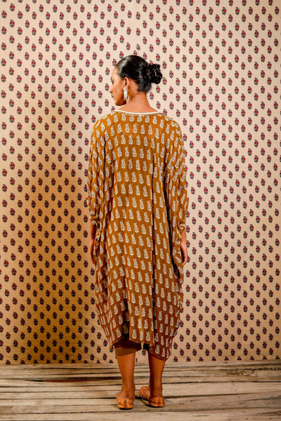 Nikasha Tobacco Brown Kaftan In Mughal Buta Print festive Indian designer wear online shopping melange singapore