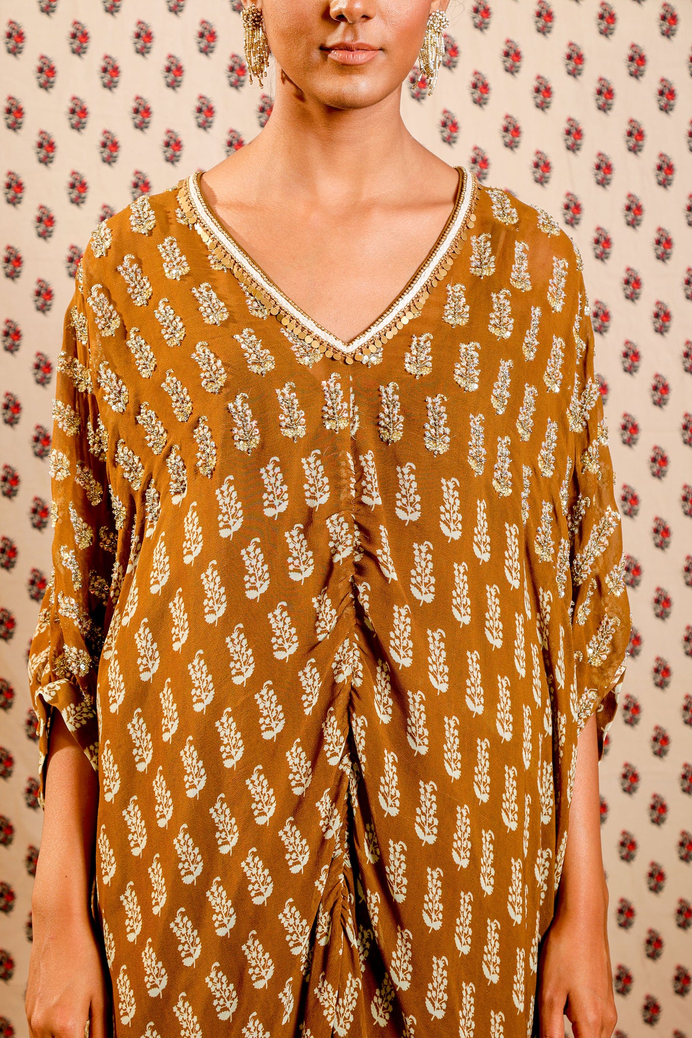 Nikasha Tobacco Brown Kaftan In Mughal Buta Print festive Indian designer wear online shopping melange singapore