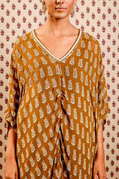 Nikasha Tobacco Brown Kaftan In Mughal Buta Print festive Indian designer wear online shopping melange singapore